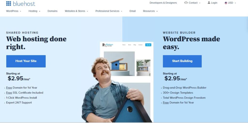 Bluehost web hosting services homepage
