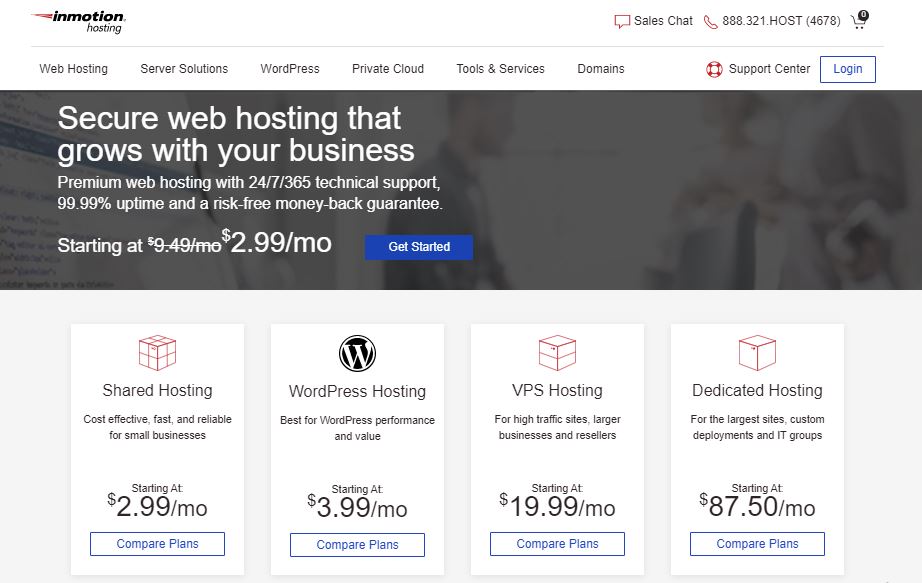 InMotion Hosting homepage - web hosting services