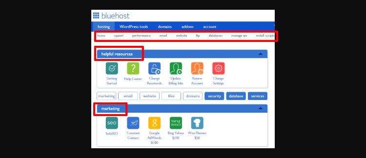 Bluehost web hosting services user dashboard