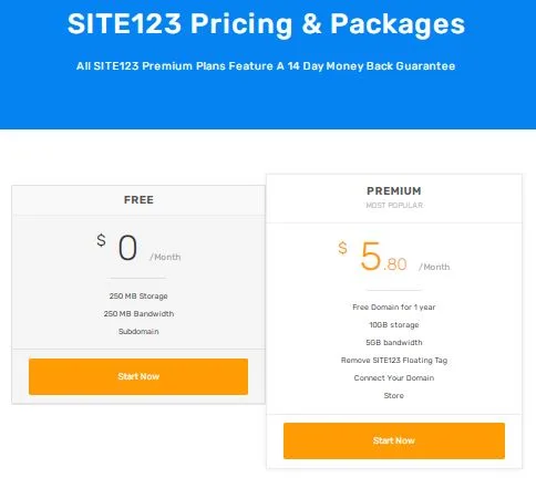 Site123 pricing