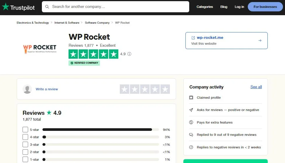 WP Rocket Trustpilot Reviews